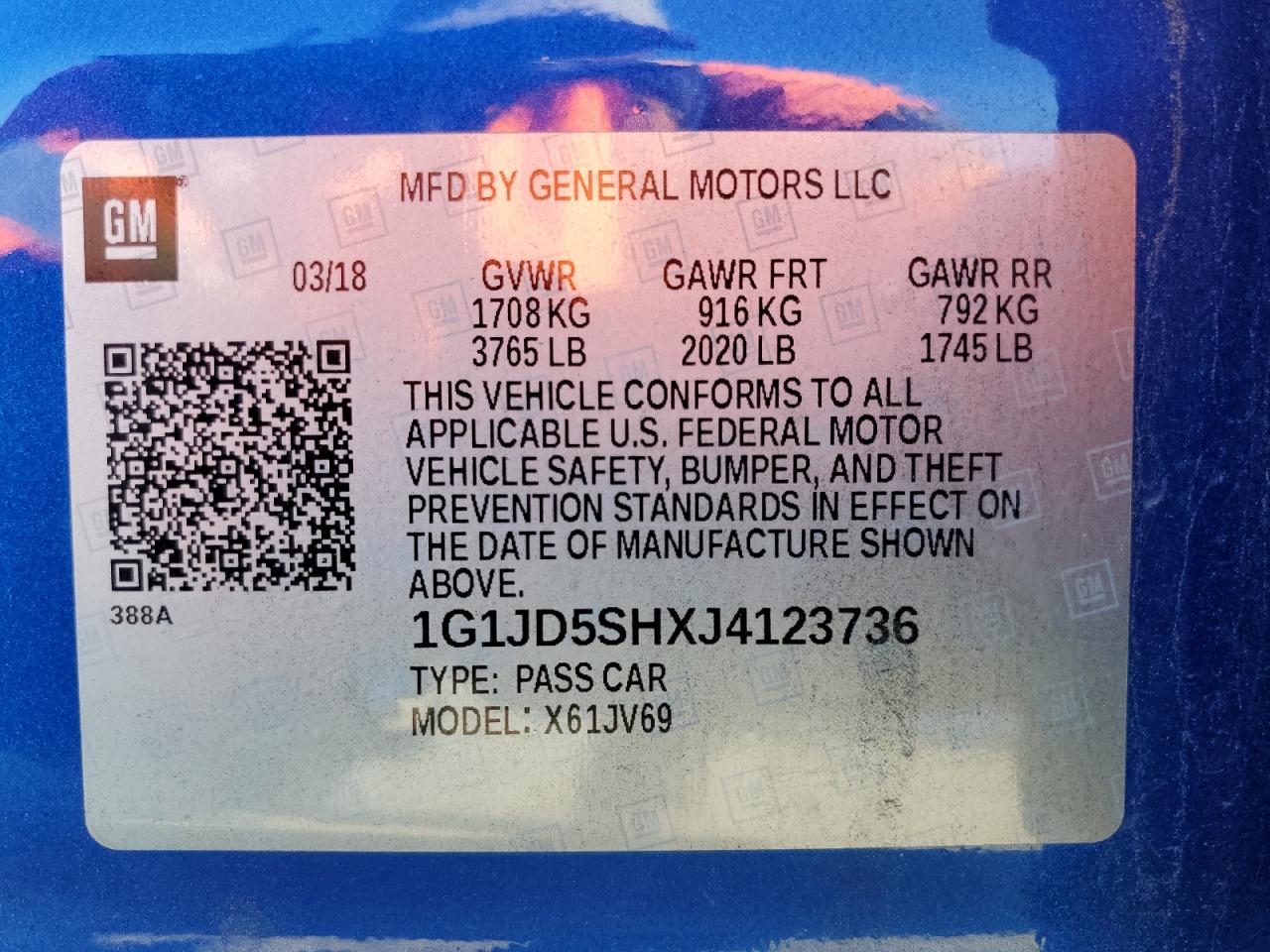 2018 Chevrolet Sonic VIN 1G1JD5SHXJ4123736 Copart auction photo, front end / side damage thumbnail 13