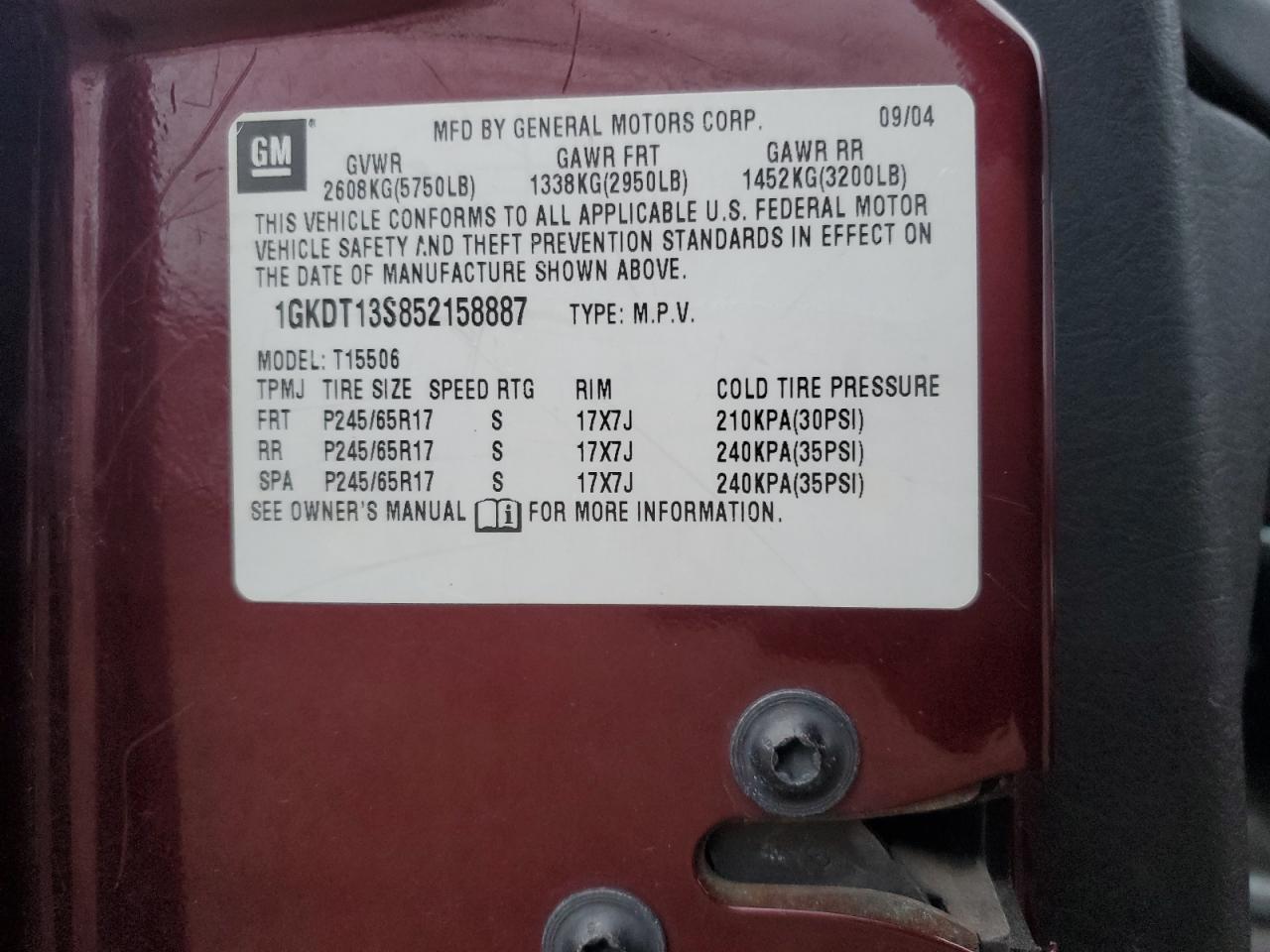 2005 GMC Envoy VIN 1GKDT13S852158887 Copart auction photo, front end / side damage thumbnail 14