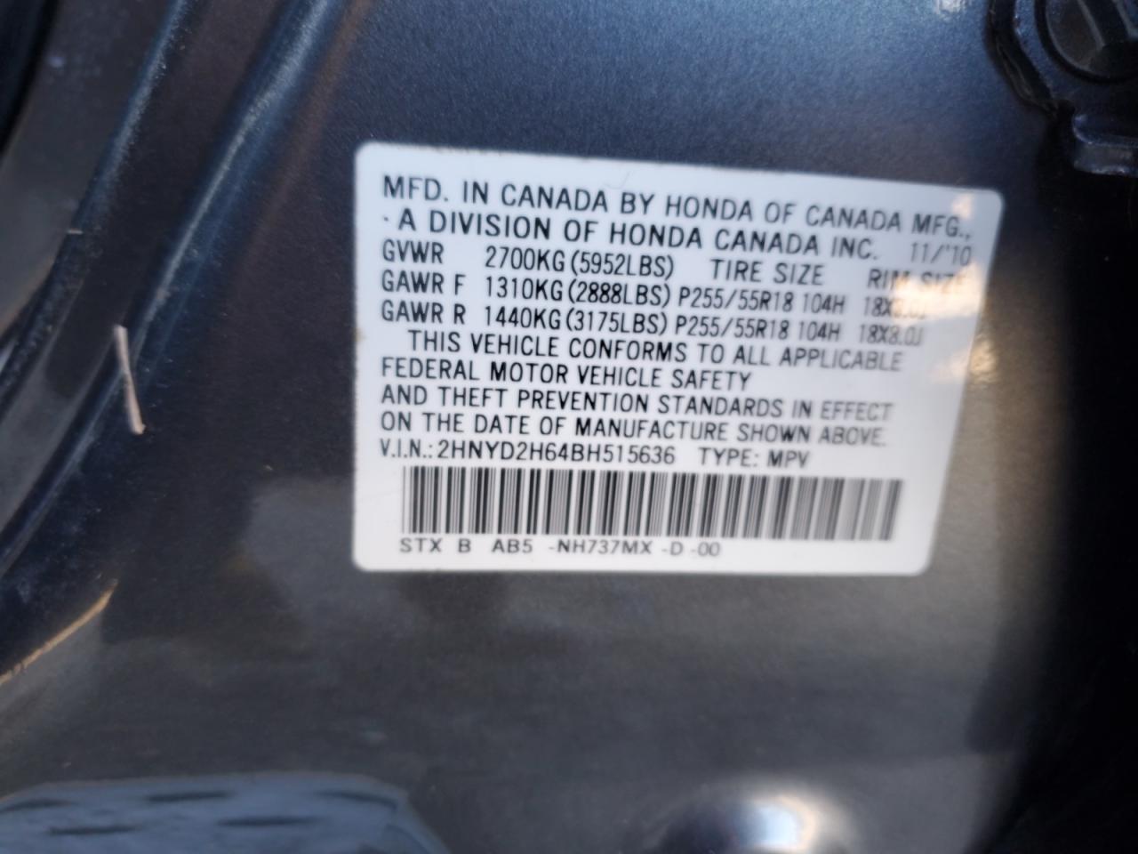 2011 Acura MDX VIN 2HNYD2H64BH515636 Copart auction photo, all over damage thumbnail 15
