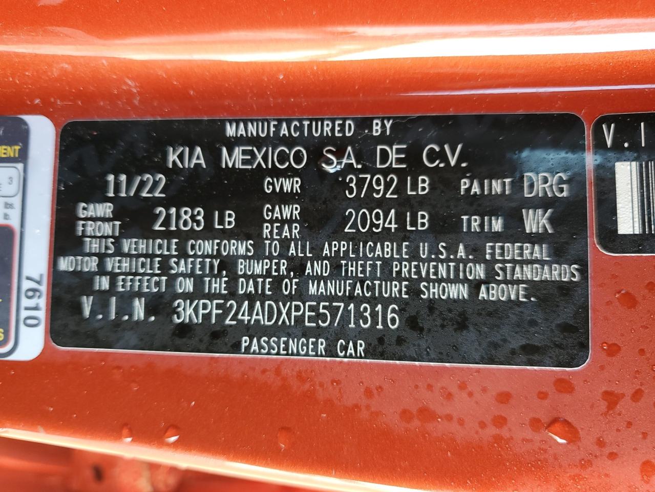 2023 KIA Forte VIN 3KPF24ADXPE571316 Copart auction photo, rear end / side damage thumbnail 14