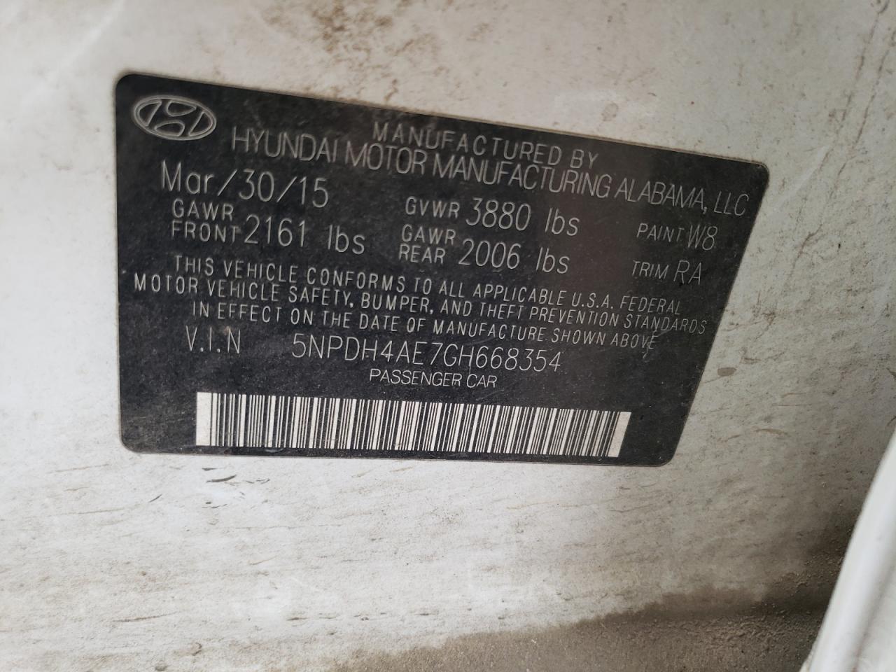 2016 Hyundai Elantra VIN 5NPDH4AE7GH668354 Copart auction photo, front end / side damage thumbnail 12