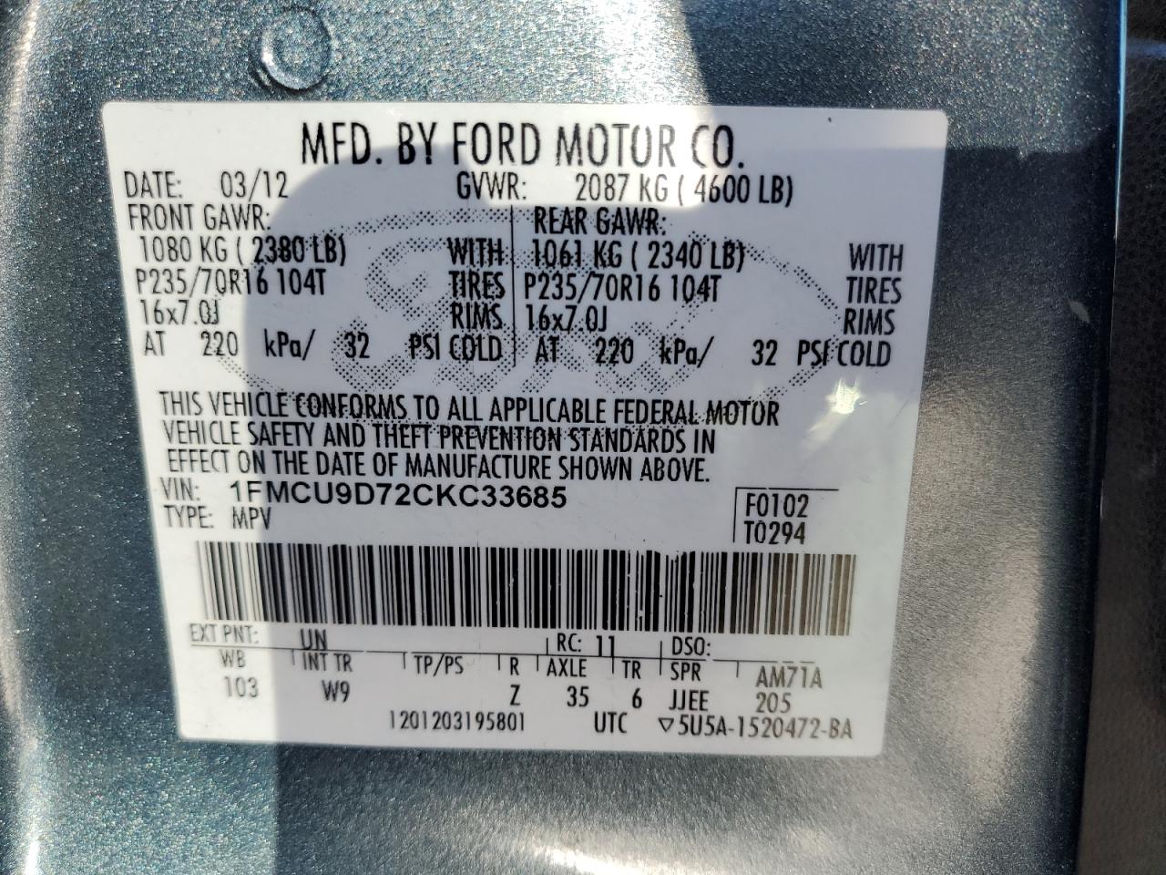 2012 Ford Escape VIN 1FMCU9D72CKC33685 Copart auction photo, side / minor dent/scratches damage thumbnail 15