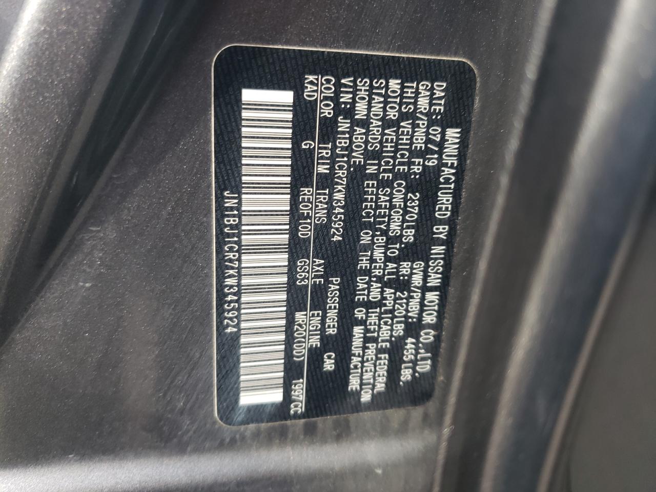 2019 Nissan Rogue VIN JN1BJ1CR7KW345924 Copart auction photo, front end damage thumbnail 14