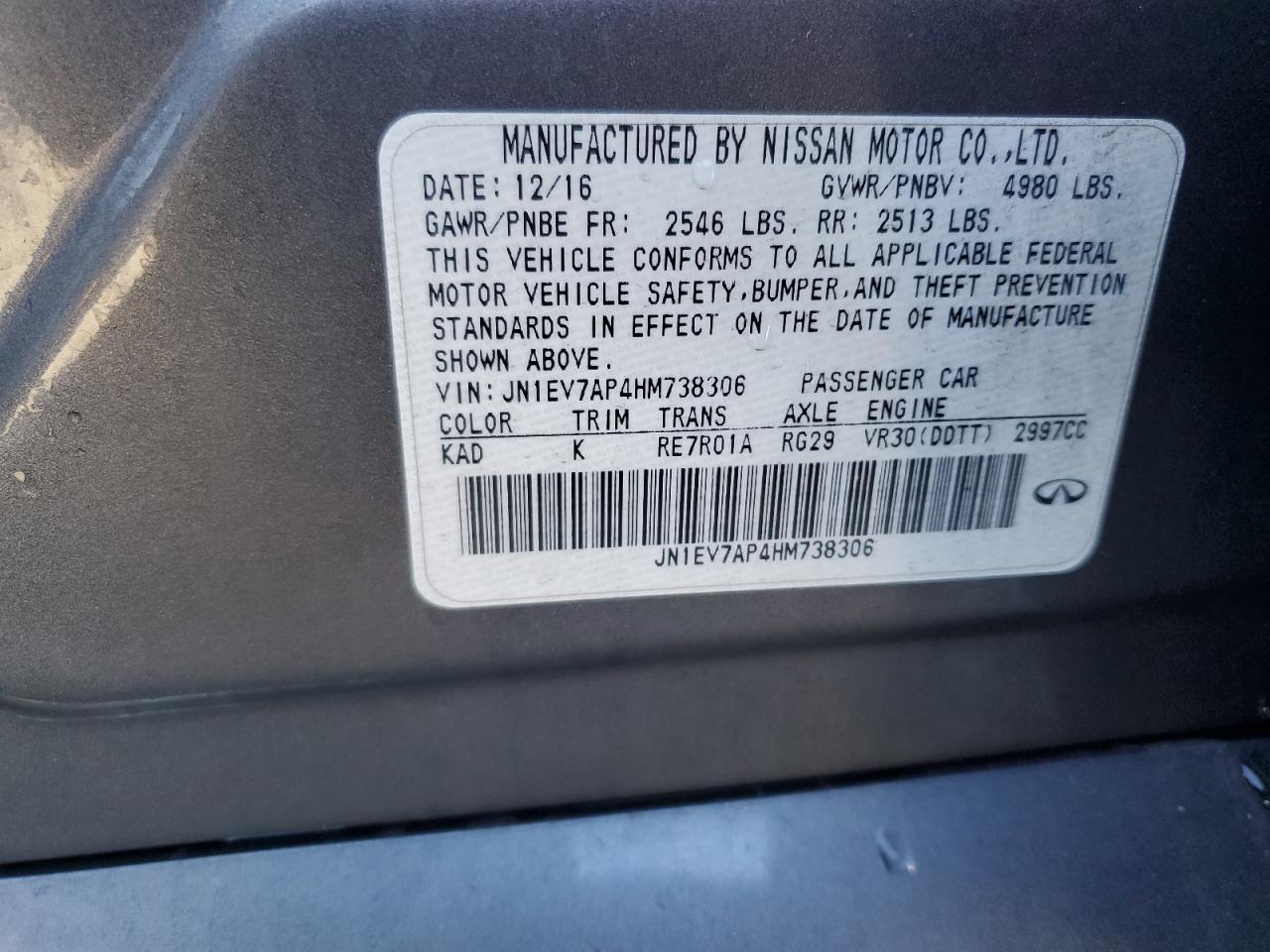 2017 Infiniti Q50 VIN JN1EV7AP4HM738306 Copart auction photo, side damage thumbnail 12