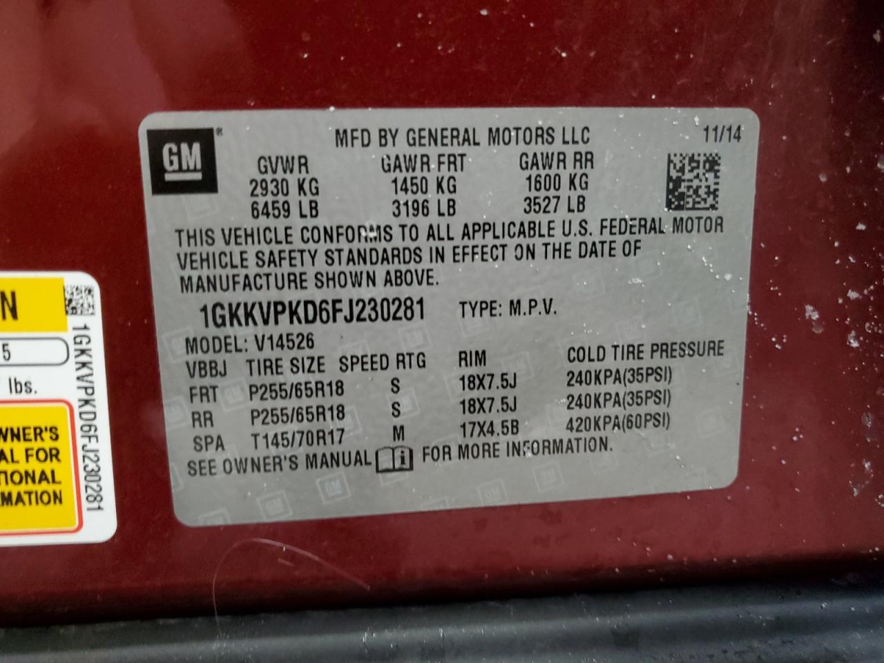 2015 GMC Acadia VIN 1GKKVPKD6FJ230281 Copart auction photo, front end damage thumbnail 15