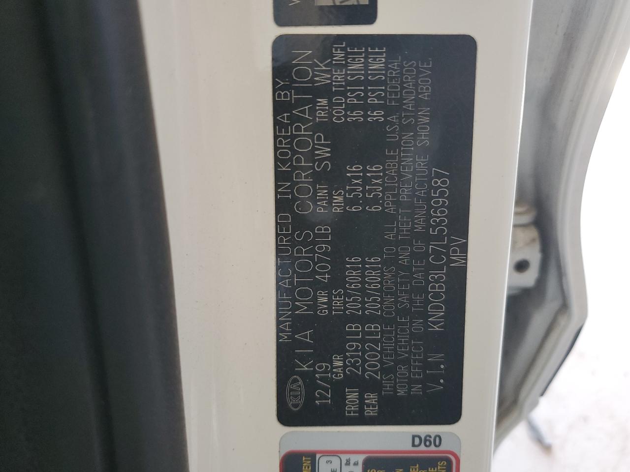 2020 KIA Niro VIN KNDCB3LC7L5369587 Copart auction photo, side damage thumbnail 12