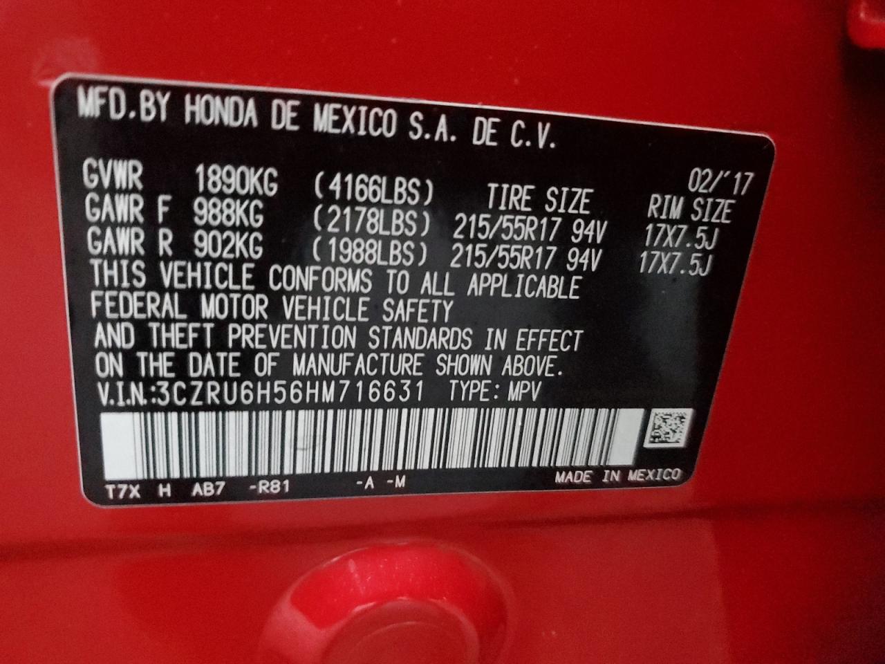 2017 Honda HR-V VIN 3CZRU6H56HM716631 Copart auction photo, front end / side damage thumbnail 15