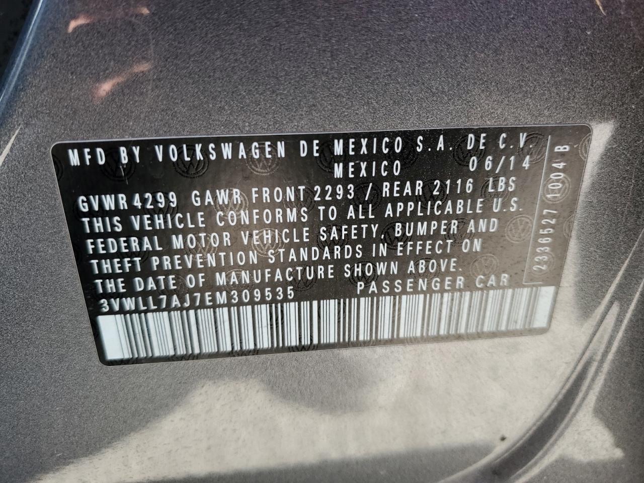 2014 Volkswagen Jetta VIN 3VWLL7AJ7EM309535 Copart auction photo, front end / minor dent/scratches damage thumbnail 12