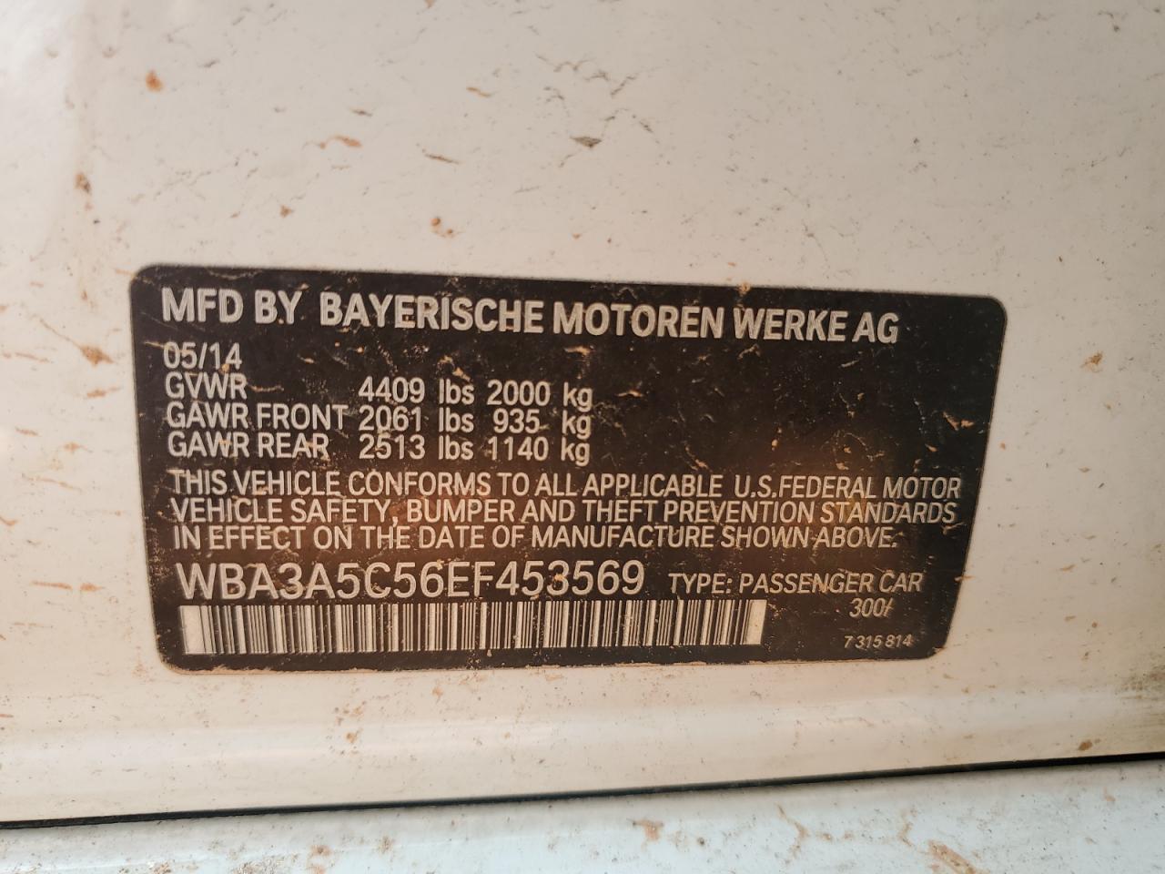2014 BMW 3er VIN WBA3A5C56EF453569 Copart auction photo, front end damage thumbnail 12