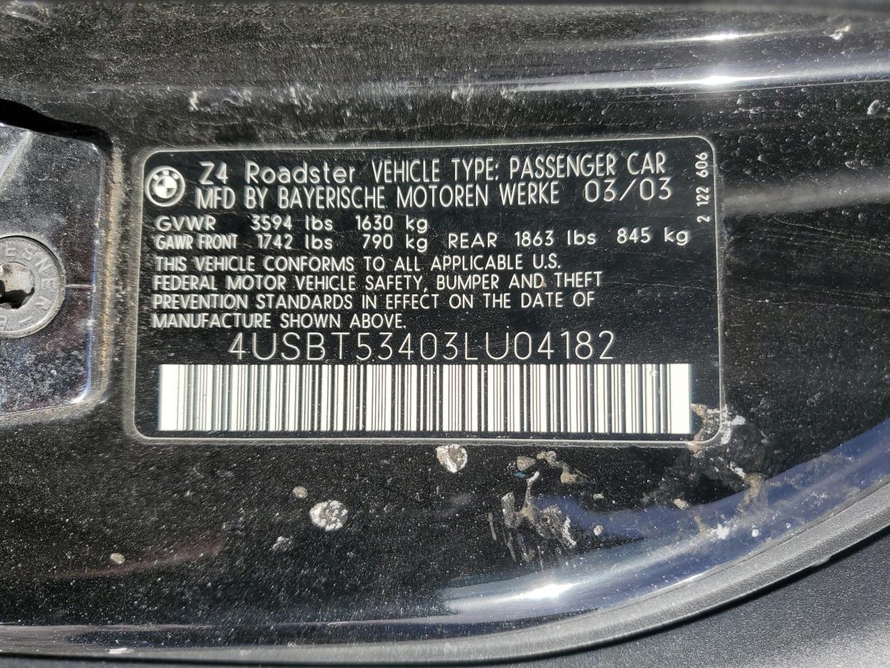 2003 BMW Z4 VIN 4USBT53403LU04182 Copart auction photo, rear end / front end damage thumbnail 12