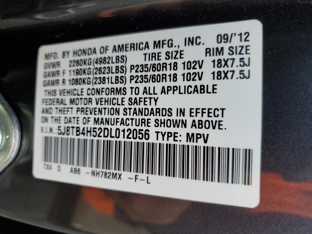 2013 Acura RDX VIN 5J8TB4H52DL012056 Copart auction photo, front end damage thumbnail 13