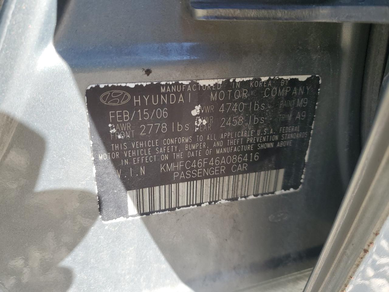 2006 Hyundai Azera VIN KMHFC46F46A086416 Copart auction photo, front end damage thumbnail 15