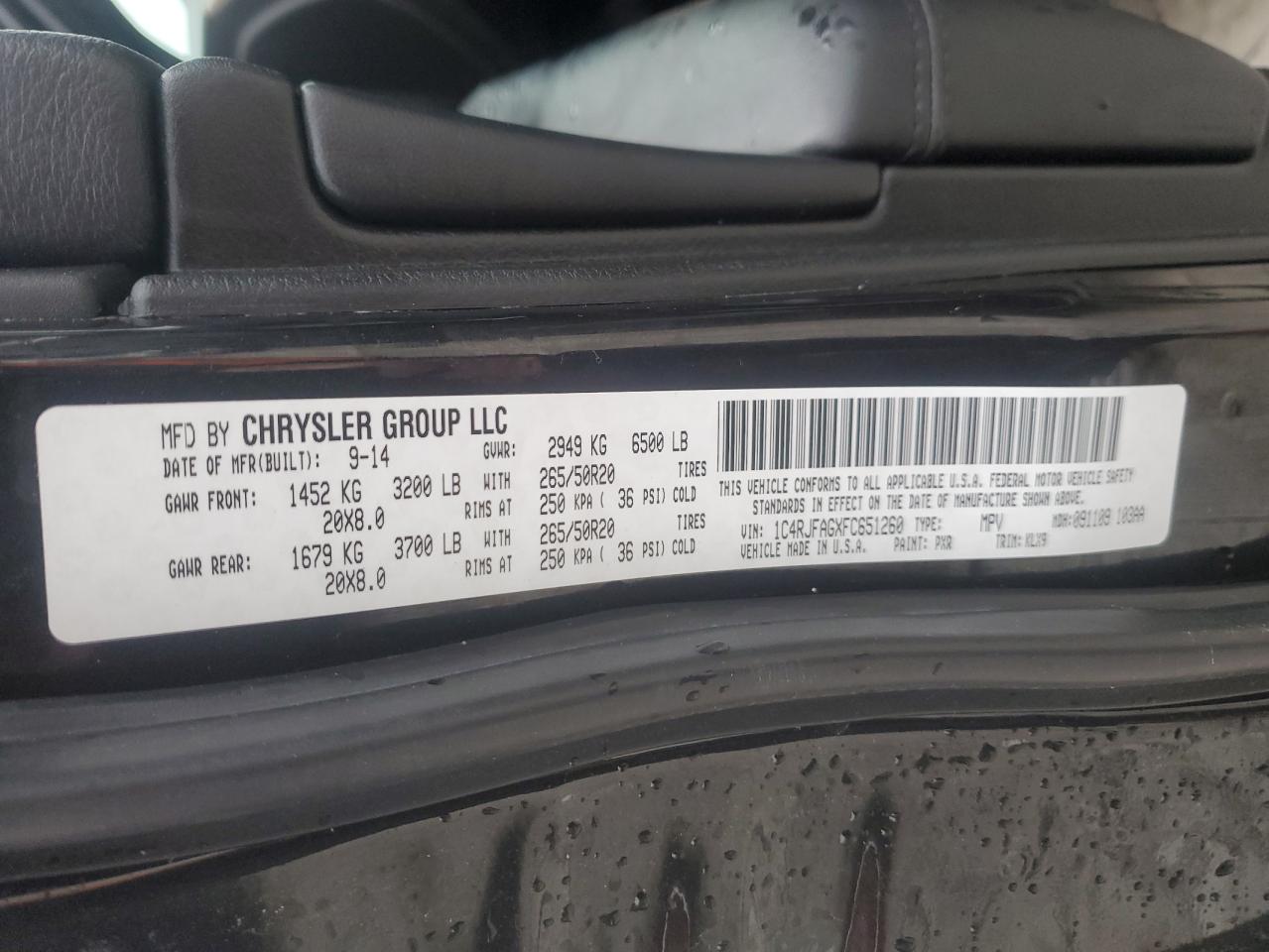 2015 Jeep Grand Cherokee VIN 1C4RJFAGXFC651260 Copart auction photo, front end damage thumbnail 13