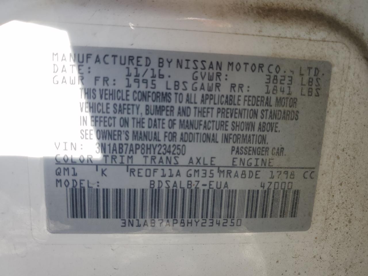 2017 Nissan Sentra VIN 3N1AB7AP8HY234250 Copart auction photo, side / rear end damage thumbnail 12