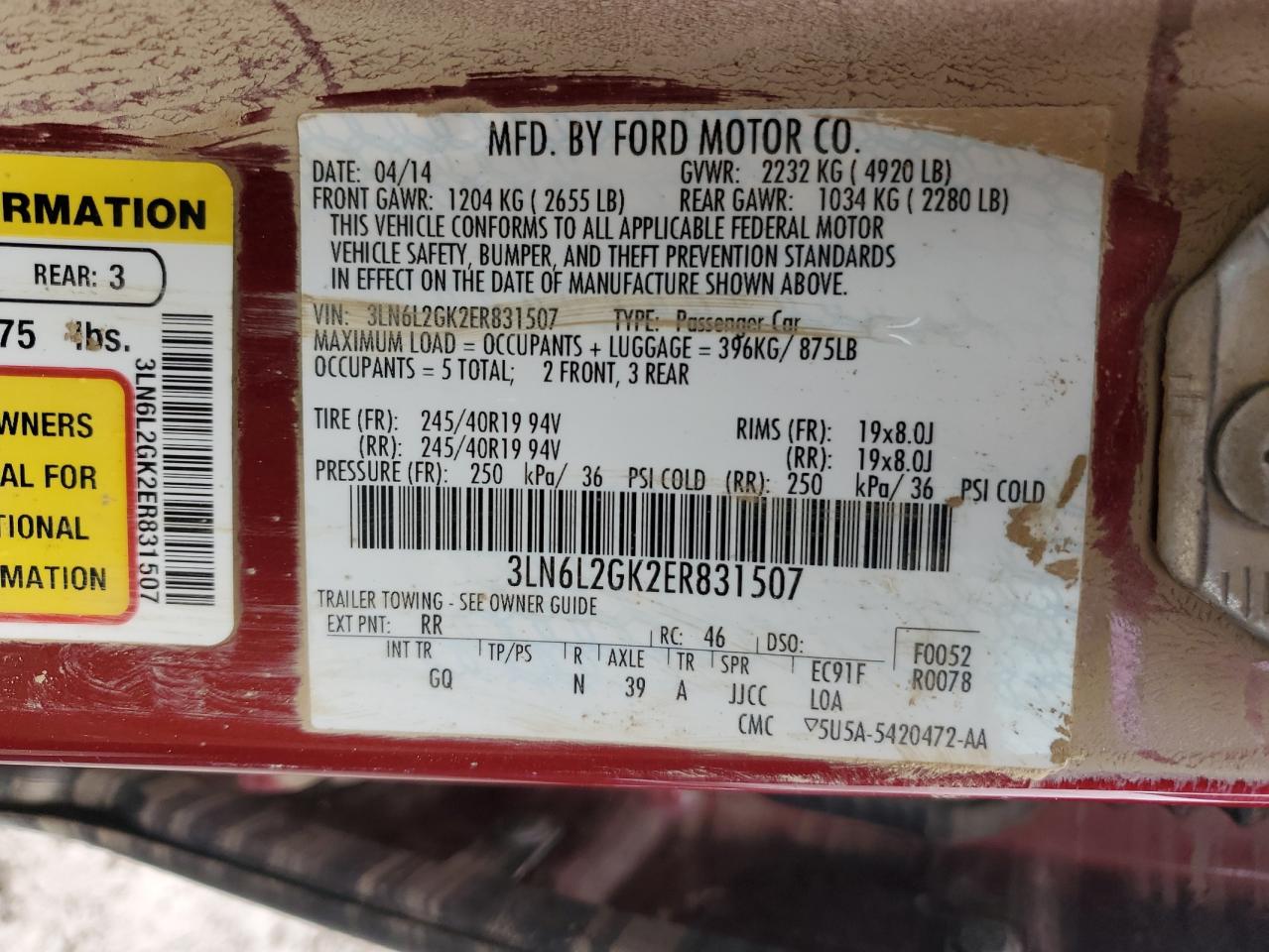 2014 Lincoln MKZ VIN 3LN6L2GK2ER831507 Copart auction photo, water/flood damage thumbnail 12