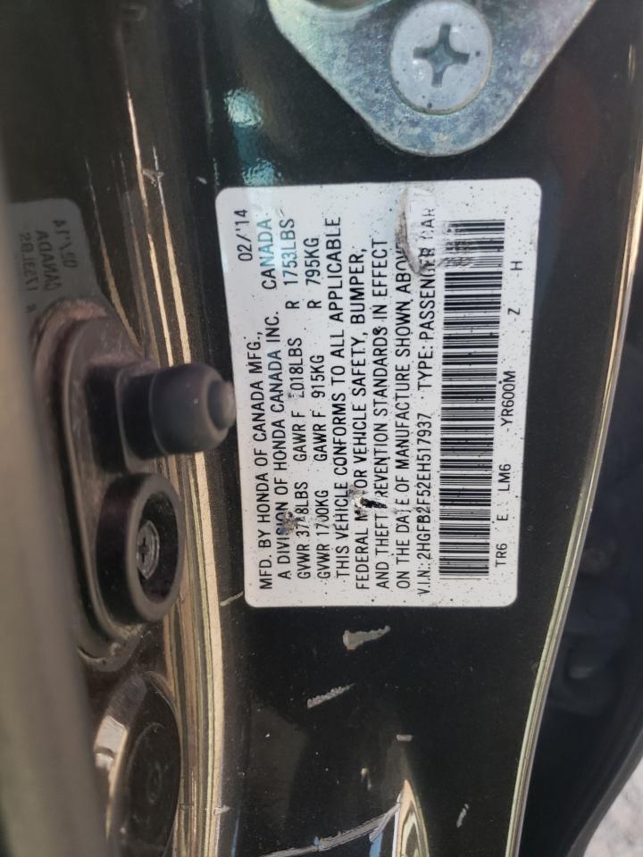 2014 Honda Civic VIN 2HGFB2F52EH517937 Copart auction photo, front end / rear end damage thumbnail 12