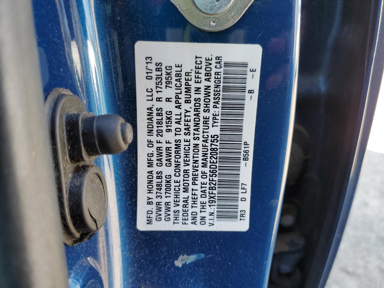 2013 Honda Civic VIN 19XFB2F56DE208755 Copart auction photo, front end / minor dent/scratches damage thumbnail 12