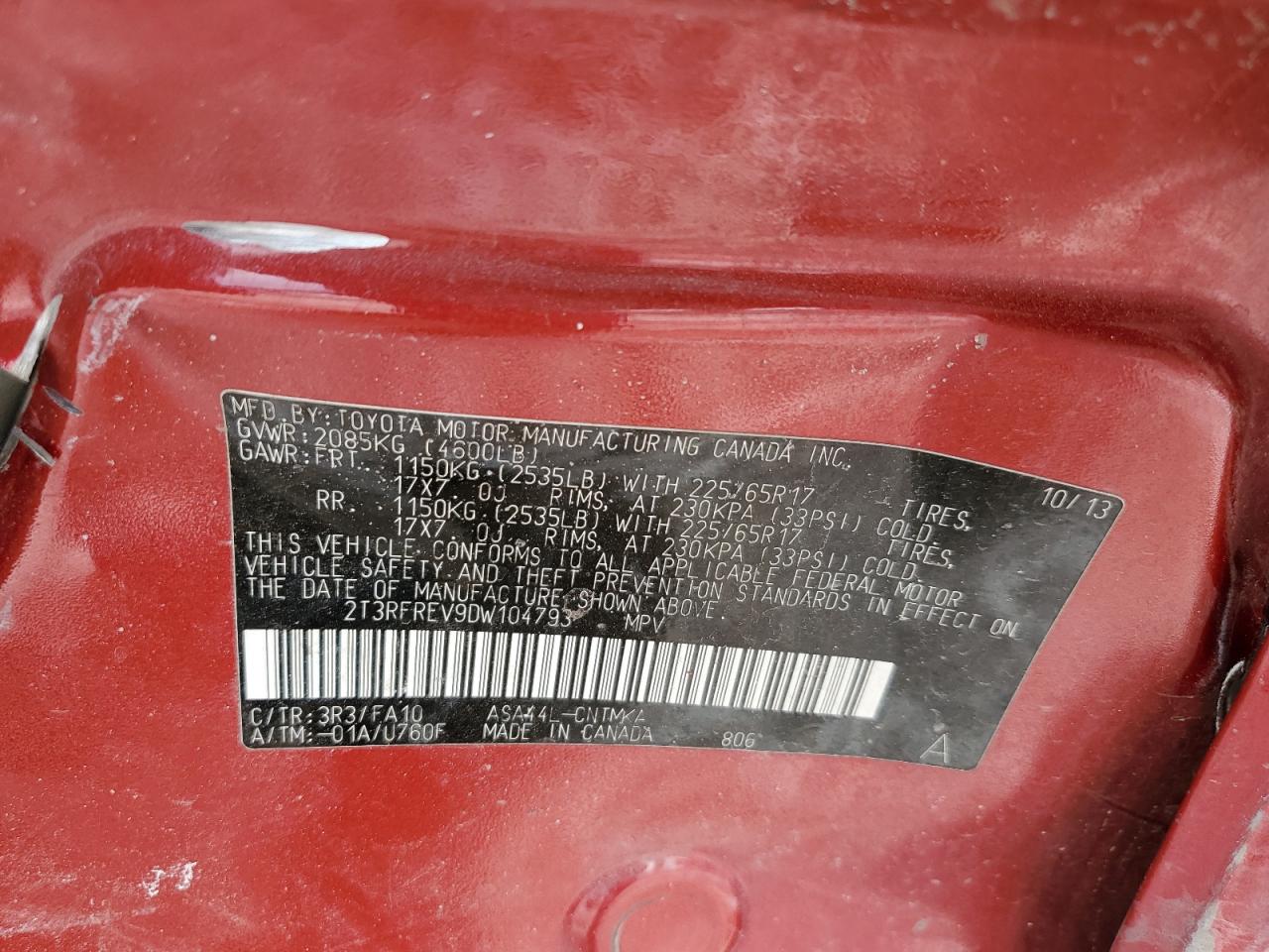 2013 Toyota RAV 4 VIN 2T3RFREV9DW104793 Copart auction photo, side damage thumbnail 13
