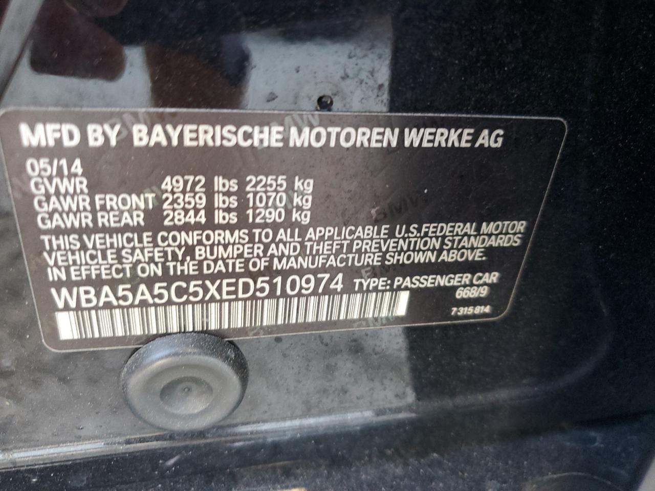 2014 BMW 5er VIN WBA5A5C5XED510974 Copart auction photo, water/flood damage thumbnail 13
