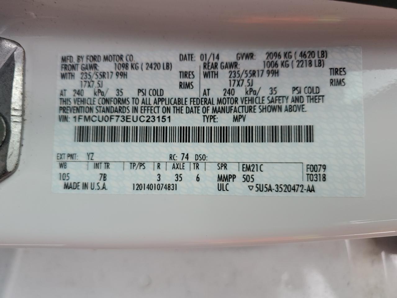 2014 Ford Escape VIN 1FMCU0F73EUC23151 Copart auction photo, side damage thumbnail 12