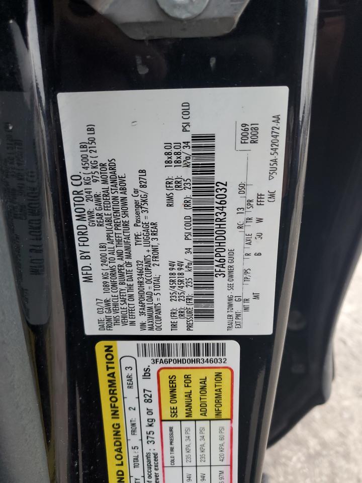 2017 Ford Fusion VIN 3FA6P0HD0HR346032 Copart auction photo, front end / side damage thumbnail 12