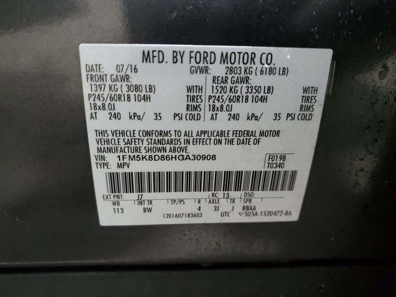 2017 Ford Explorer VIN 1FM5K8D86HGA30908 Copart auction photo, rear end damage thumbnail 13