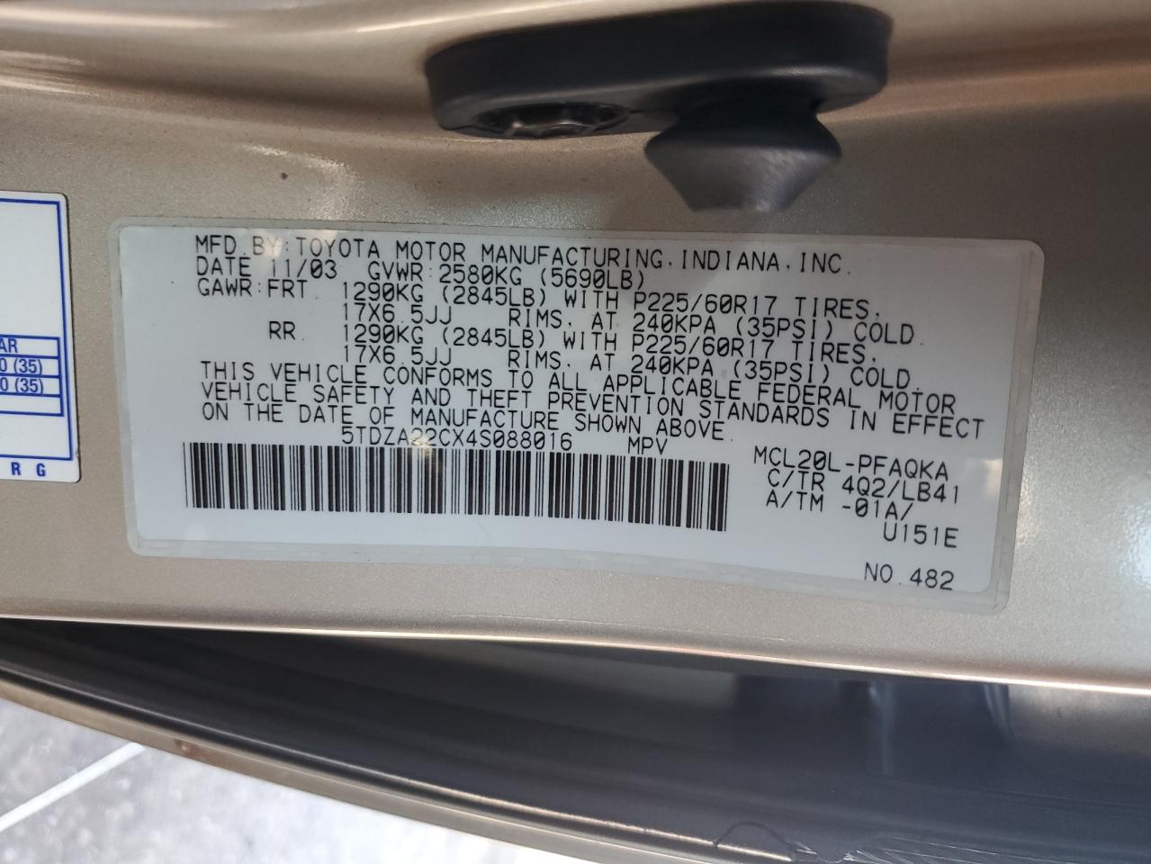 2004 Toyota Sienna VIN 5TDZA22CX4S088016 Copart auction photo, all over damage thumbnail 14