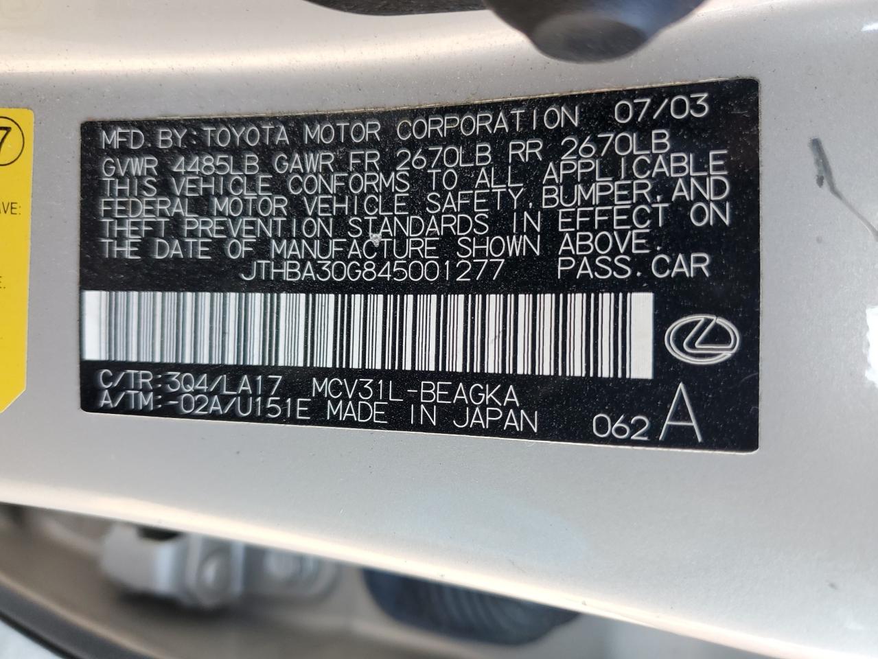 2004 Lexus ES VIN JTHBA30G845001277 Copart auction photo, rear end damage thumbnail 13