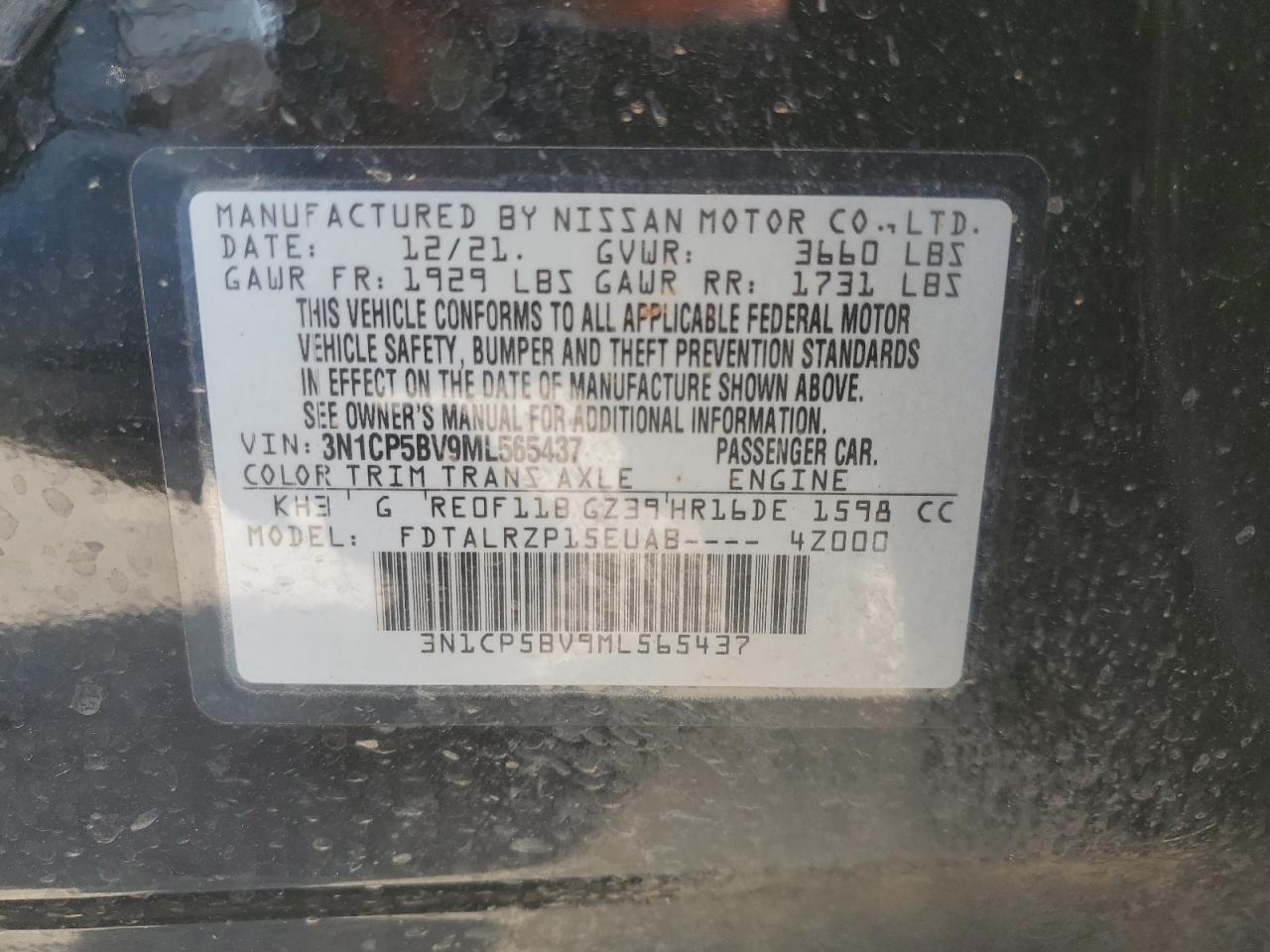 2021 Nissan Kicks VIN 3N1CP5BV9ML565437 Copart auction photo, hail / minor dent/scratches damage thumbnail 13