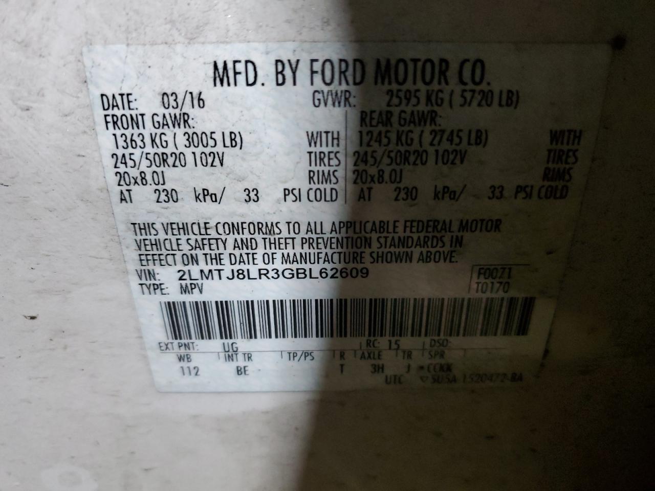 2016 Lincoln MKX VIN 2LMTJ8LR3GBL62609 Copart auction photo, front end / side damage thumbnail 15