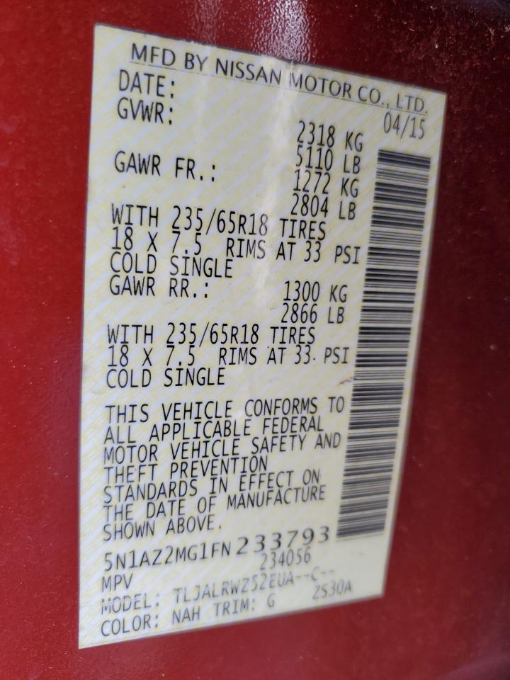 2015 Nissan Murano VIN 5N1AZ2MG1FN233793 Copart auction photo, front end damage thumbnail 13