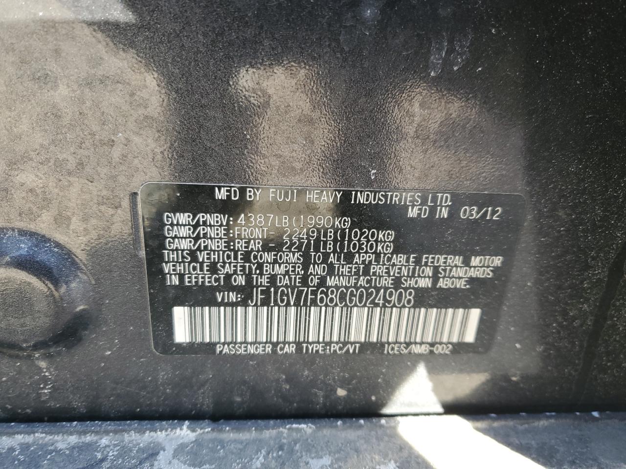 2012 Subaru WRX VIN JF1GV7F68CG024908 Copart auction photo, front end damage thumbnail 12