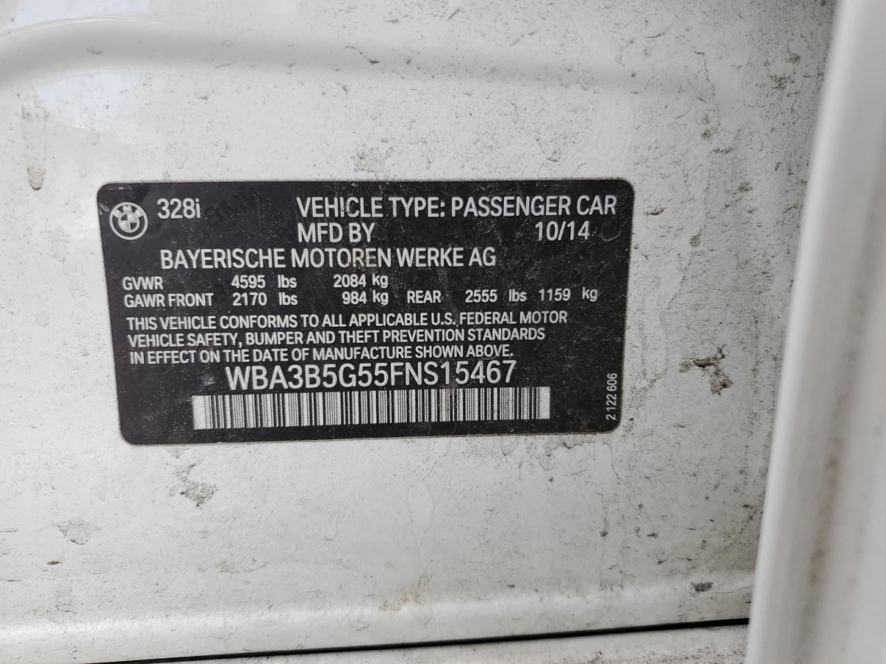 2015 BMW 3er VIN WBA3B5G55FNS15467 Copart auction photo, all over damage thumbnail 12