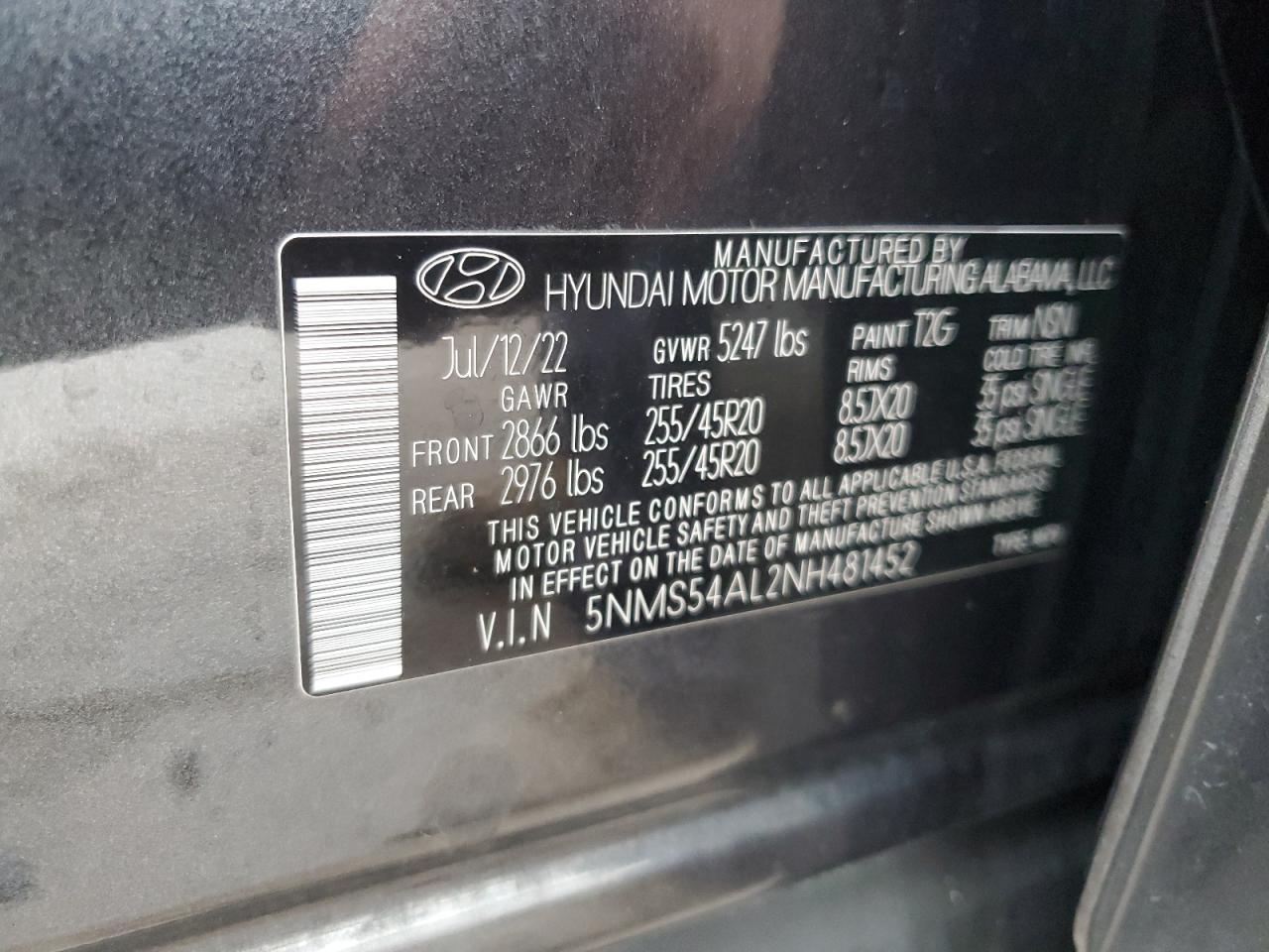 2022 Hyundai Santa Fe VIN 5NMS54AL2NH481452 Copart auction photo, side damage thumbnail 14
