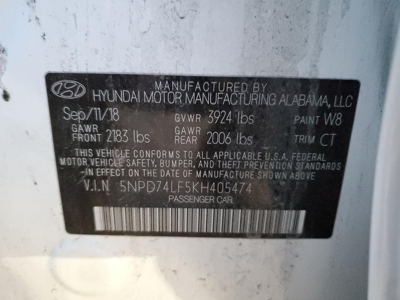 2019 Hyundai Elantra VIN 5NPD74LF5KH405474 Copart auction photo, front end damage thumbnail 12