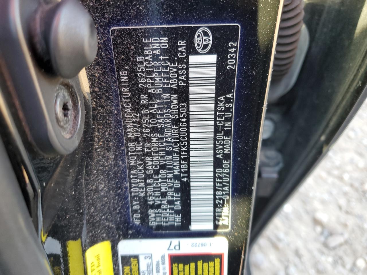 2012 Toyota Camry VIN 4T1BF1FK5CU064503 Copart auction photo, rear end damage thumbnail 12