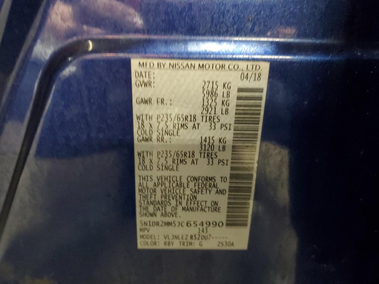2018 Nissan Pathfinder VIN 5N1DR2MM5JC654990 Copart auction photo, side damage thumbnail 13