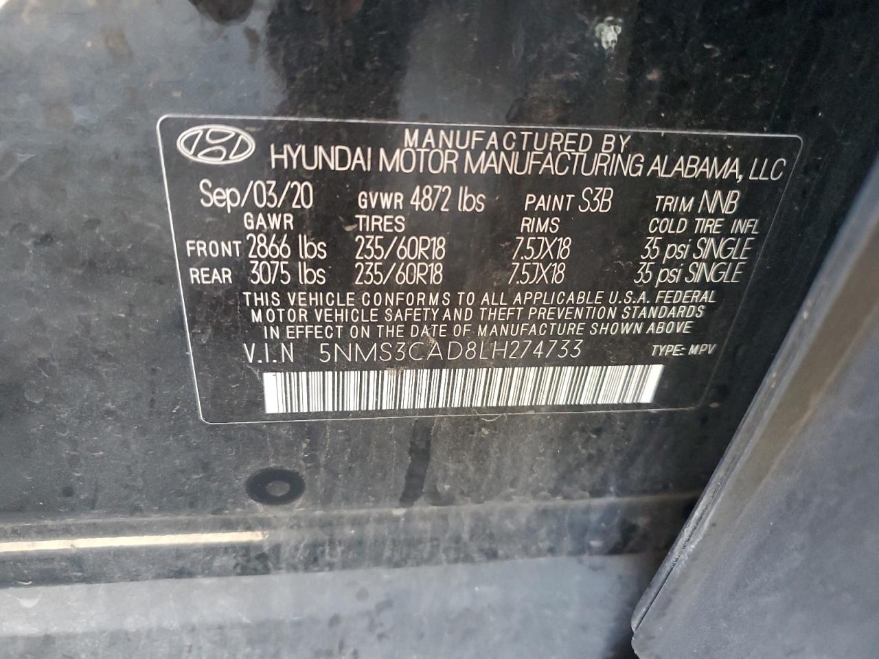 2020 Hyundai Santa Fe VIN 5NMS3CAD8LH274733 Copart auction photo, rear end damage thumbnail 13