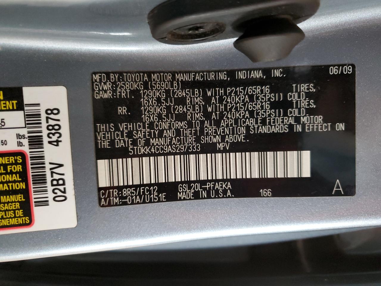 2010 Toyota Sienna VIN 5TDKK4CC9AS297333 Copart auction photo, rear end / side damage thumbnail 15