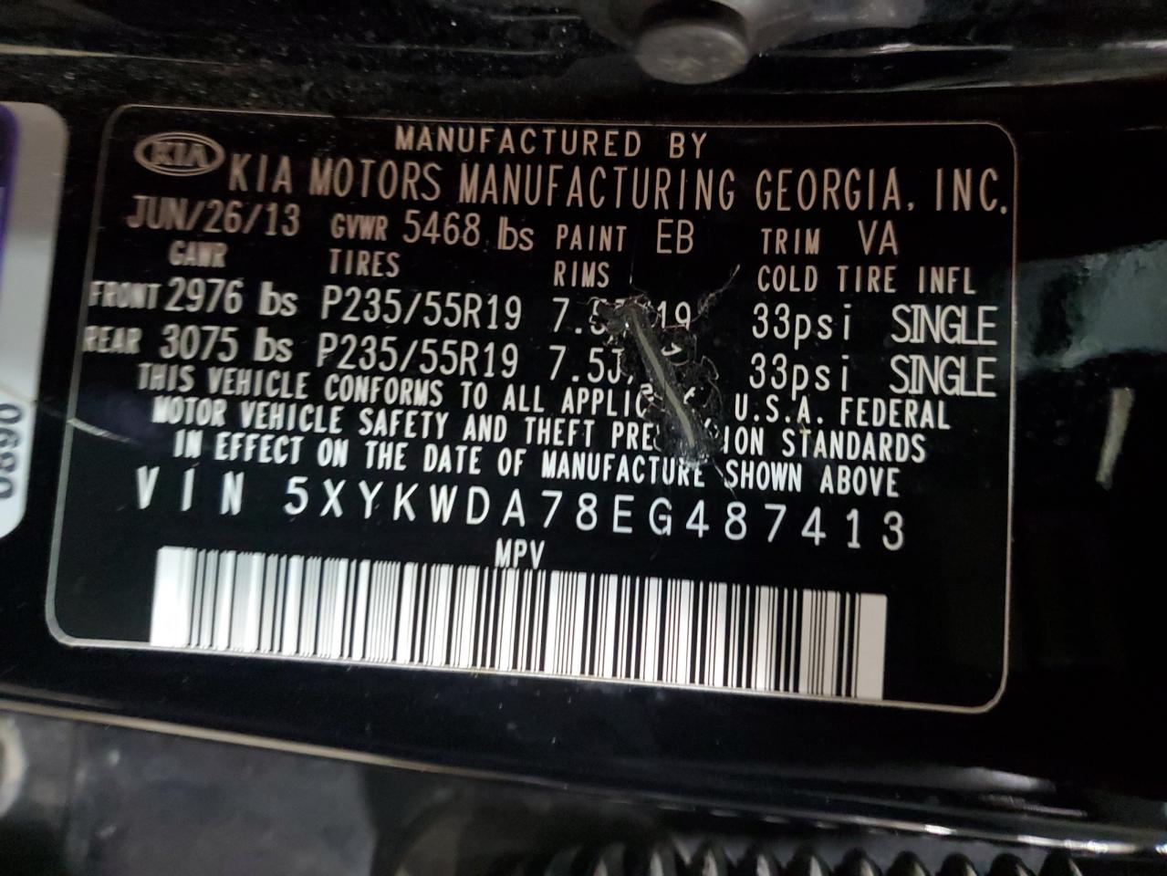 2014 KIA Sorento VIN 5XYKWDA78EG487413 Copart auction photo, mechanical damage thumbnail 13