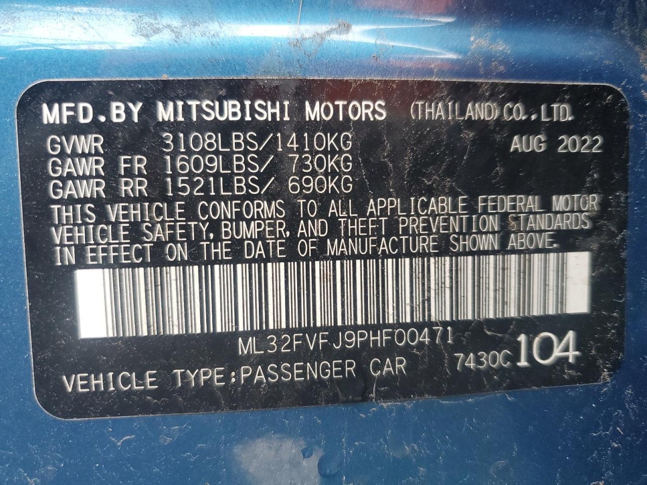 2023 Mitsubishi Mirage VIN ML32FVFJ9PHF00471 Copart auction photo, front end / side damage thumbnail 14