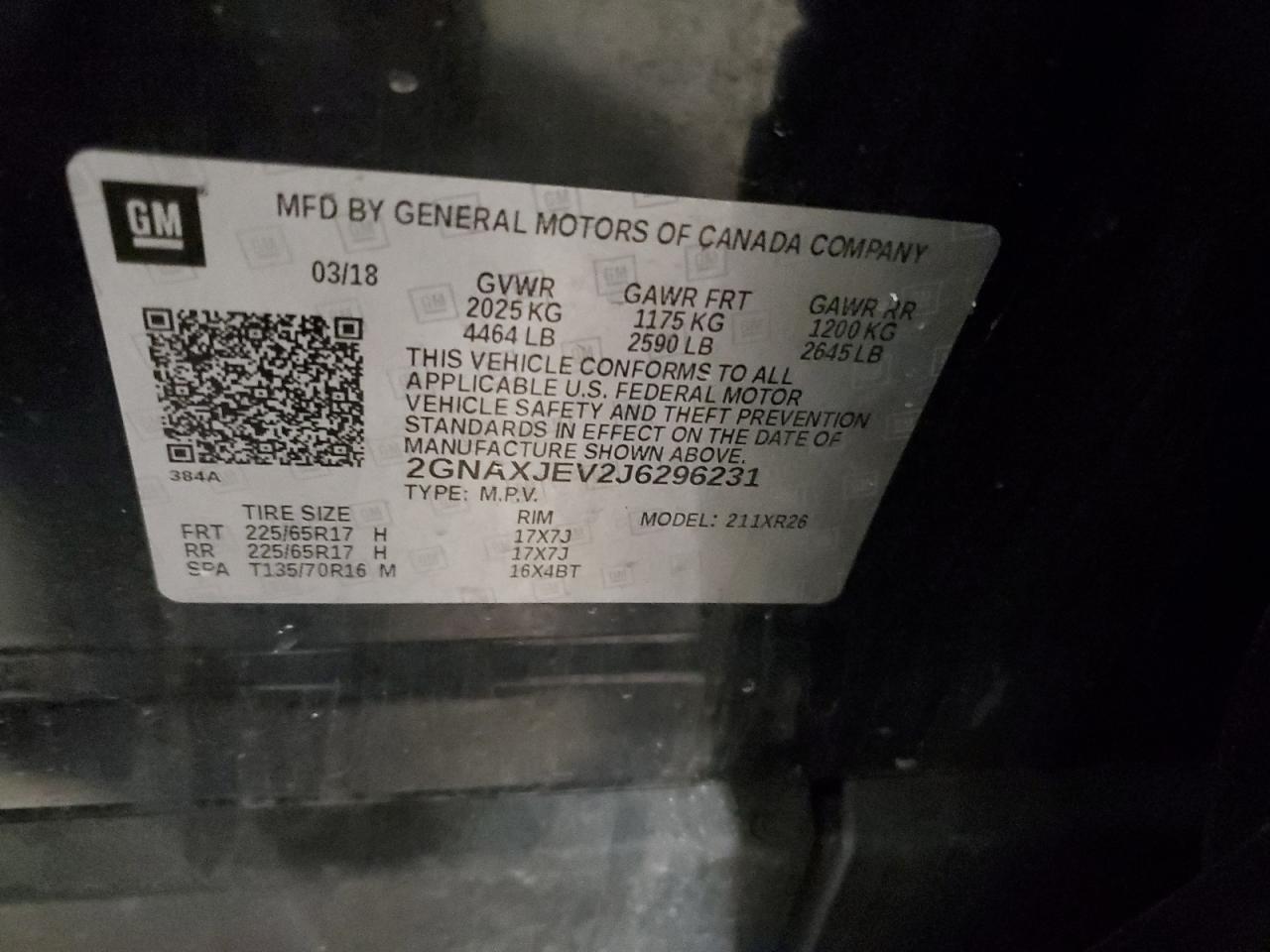 2018 Chevrolet Equinox VIN 2GNAXJEV2J6296231 Copart auction photo, front end / undercarriage damage thumbnail 13