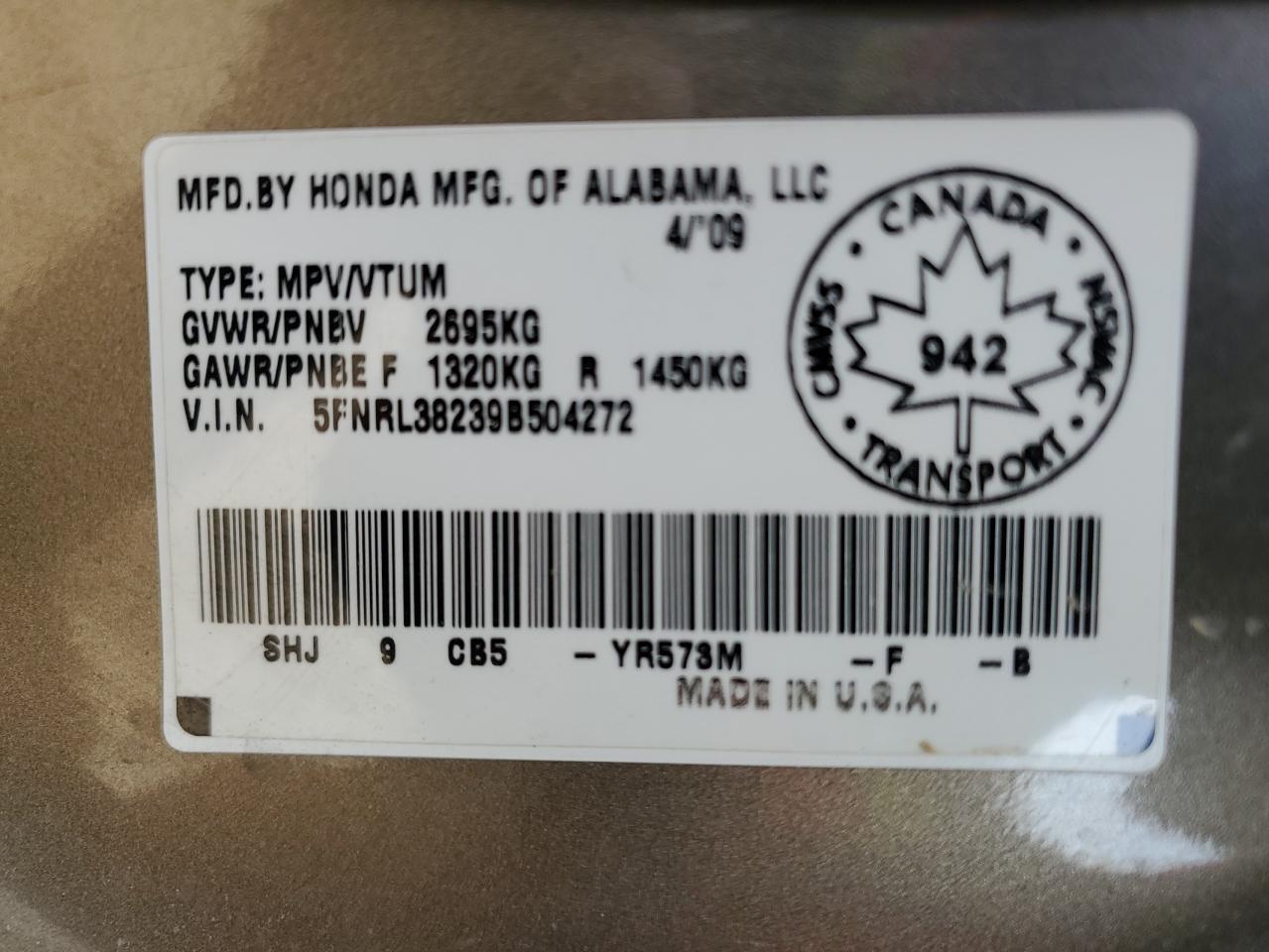 2009 Honda Odyssey VIN 5FNRL38239B504272 Copart auction photo, hail / front end damage thumbnail 13
