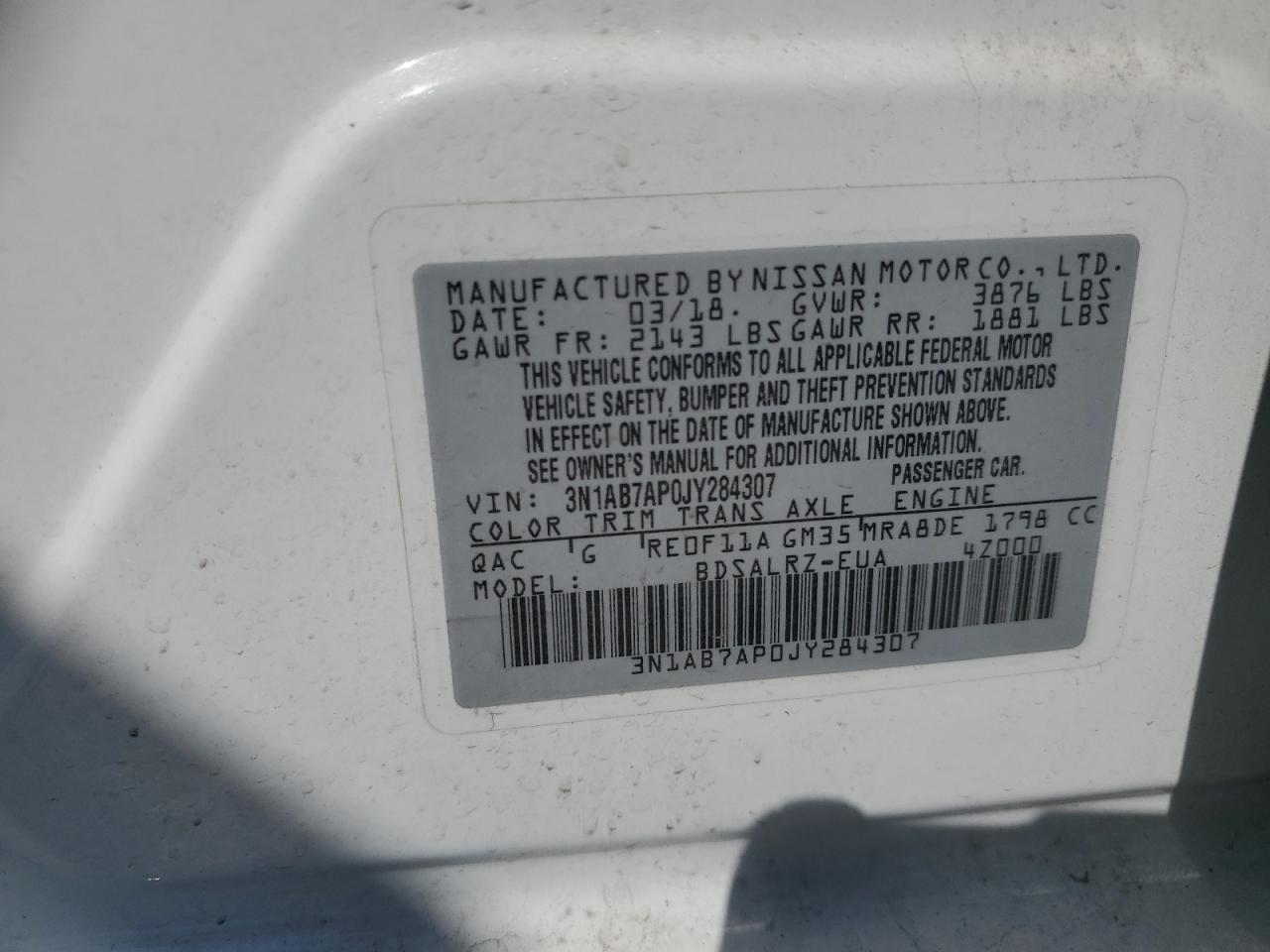 2018 Nissan Sentra VIN 3N1AB7AP0JY284307 Copart auction photo, all over damage thumbnail 12