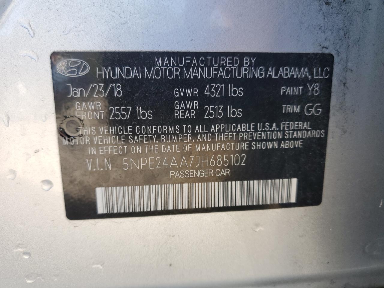 2018 Hyundai Sonata VIN 5NPE24AA7JH685102 Copart auction photo, front end / side damage thumbnail 13