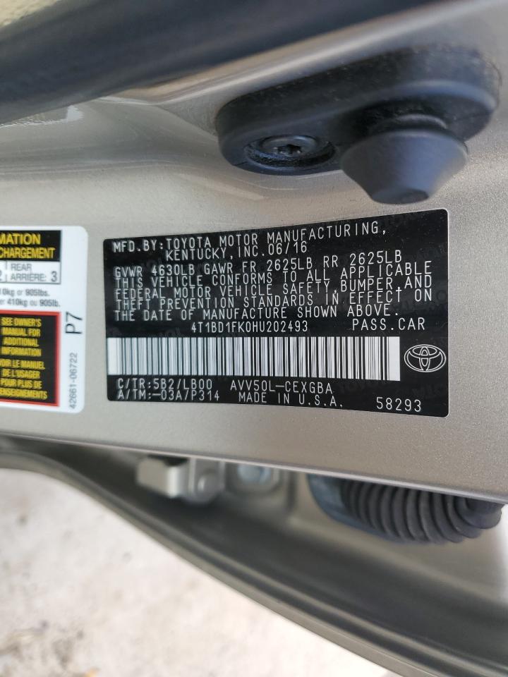 2017 Toyota Camry VIN 4T1BD1FK0HU202493 Copart auction photo, front end damage thumbnail 13