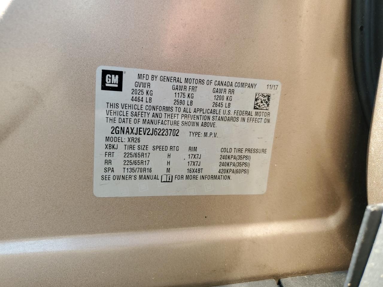 2018 Chevrolet Equinox VIN 2GNAXJEV2J6223702 Copart auction photo, front end damage thumbnail 14