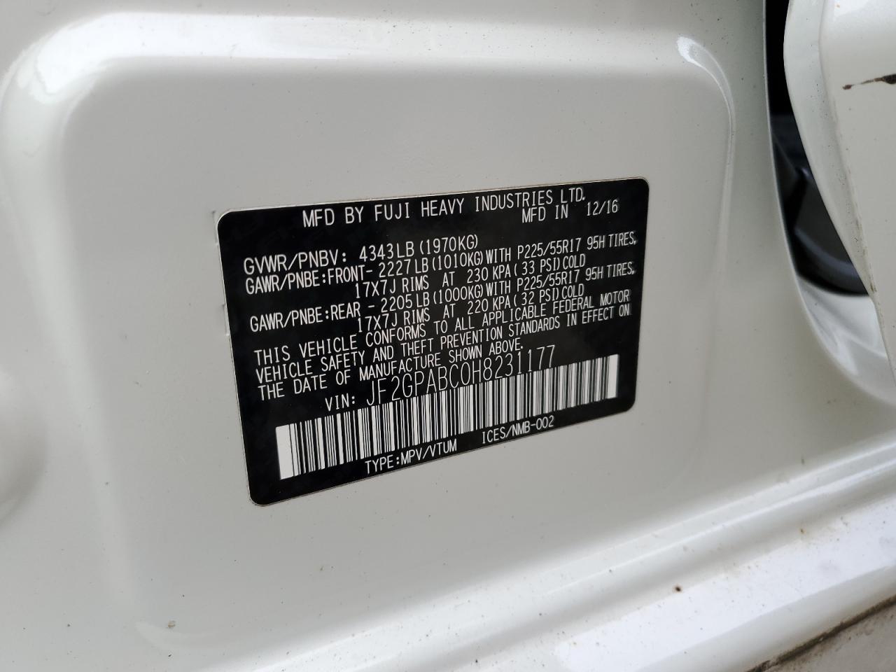 2017 Subaru XV VIN JF2GPABC0H8231177 Copart auction photo, front end / side damage thumbnail 13