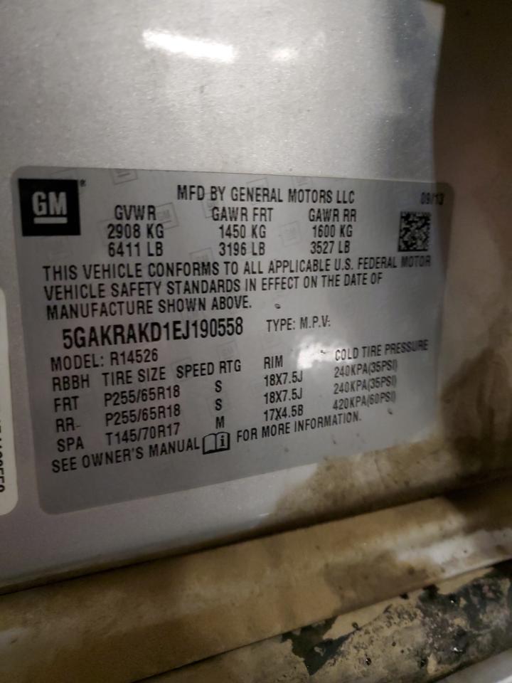 2014 Buick Enclave VIN 5GAKRAKD1EJ190558 Copart auction photo, front end damage thumbnail 15