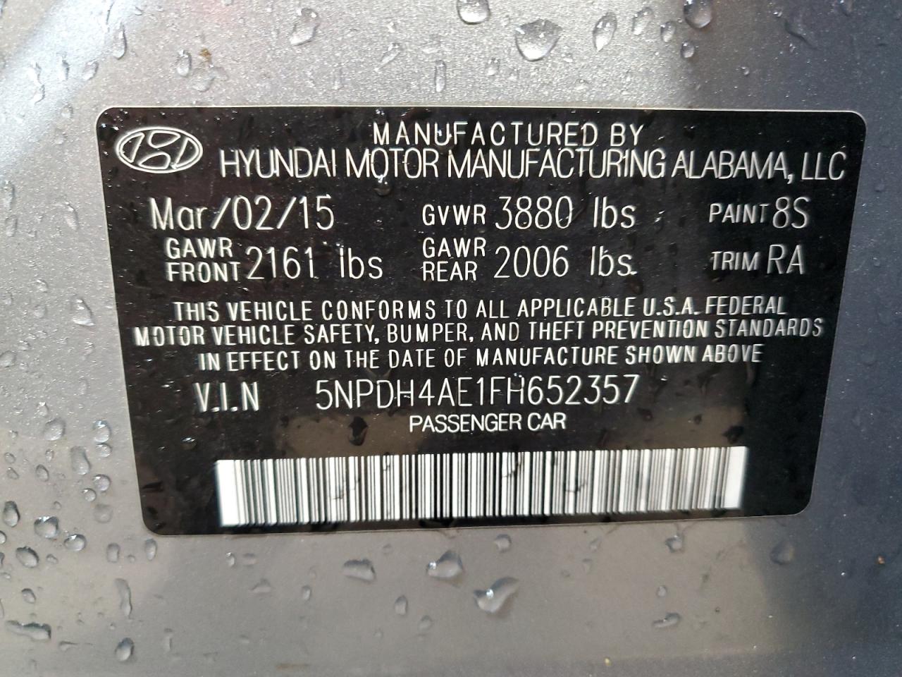 2015 Hyundai Elantra VIN 5NPDH4AE1FH652357 Copart auction photo, vandalism damage thumbnail 13